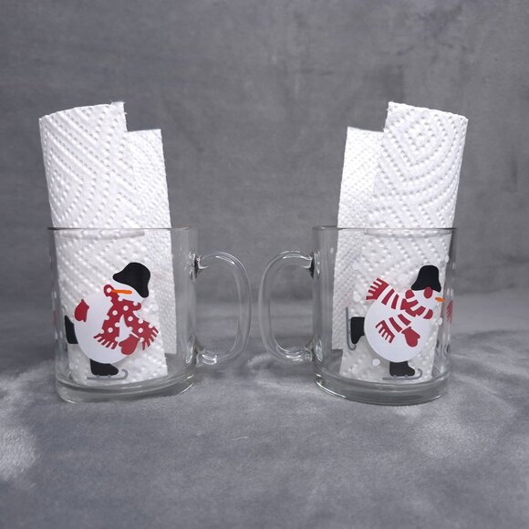 Crate & Barrel Skating Snowman Luminarc Glass Coffee Cup Mug Set of Two USA - Picture 3 of 6